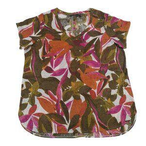 Tahari Womens Floral Linen T-Shirt Short Sleeve V-Neck Multicolor Casual Size 1X